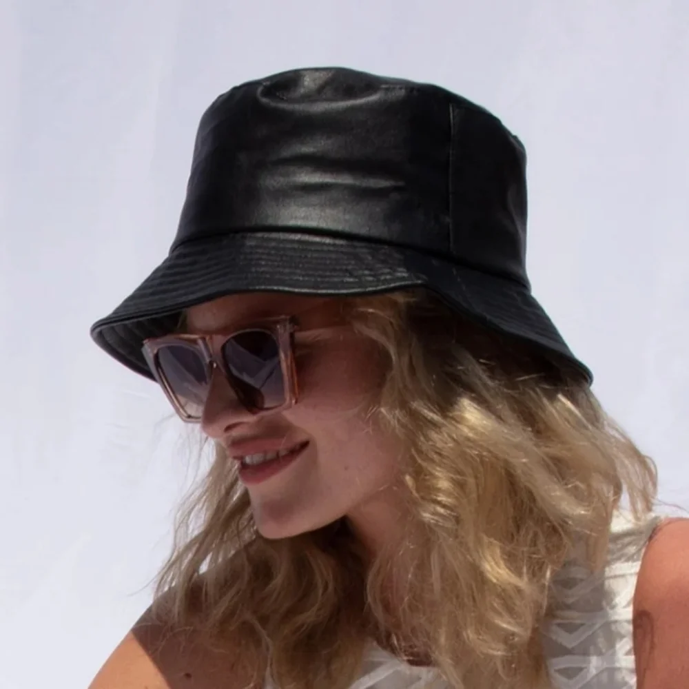 Vintage Black Leather Bucket Hat - Picture 2 of 7